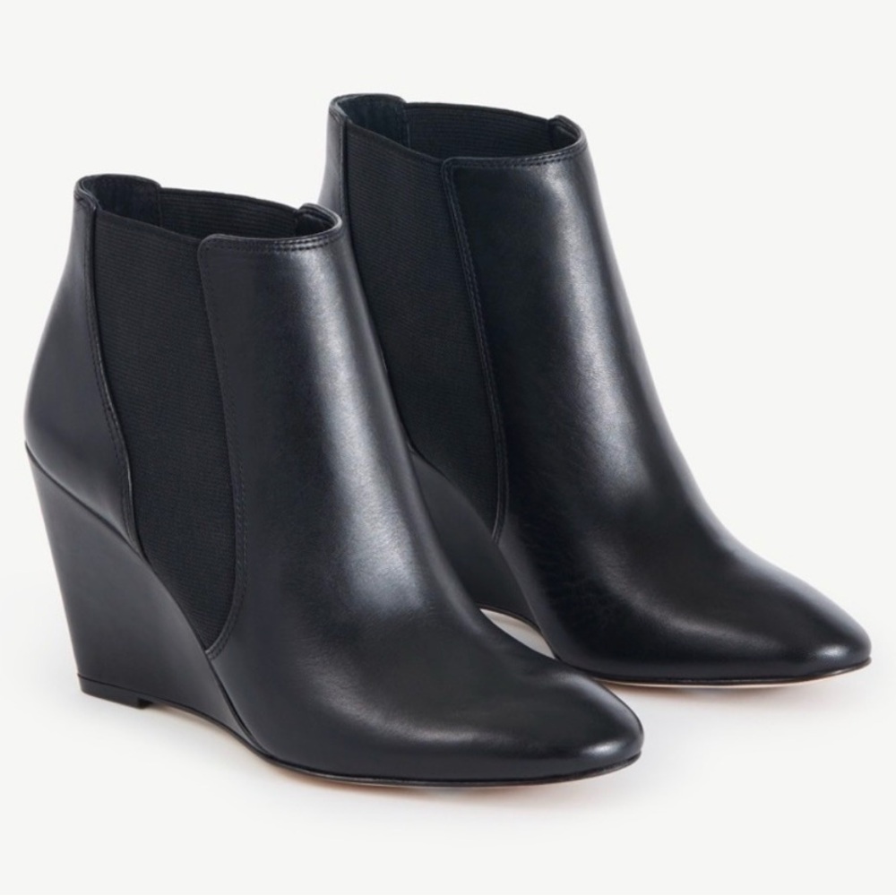 NWT Ann Taylor Birgitte Black Leather Wedge Booties – Size 8